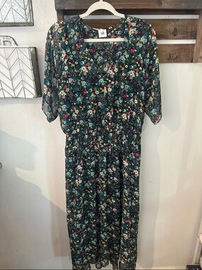 CAbi Dark Green Floral Maxi Dress with Pink & Cream Blooms